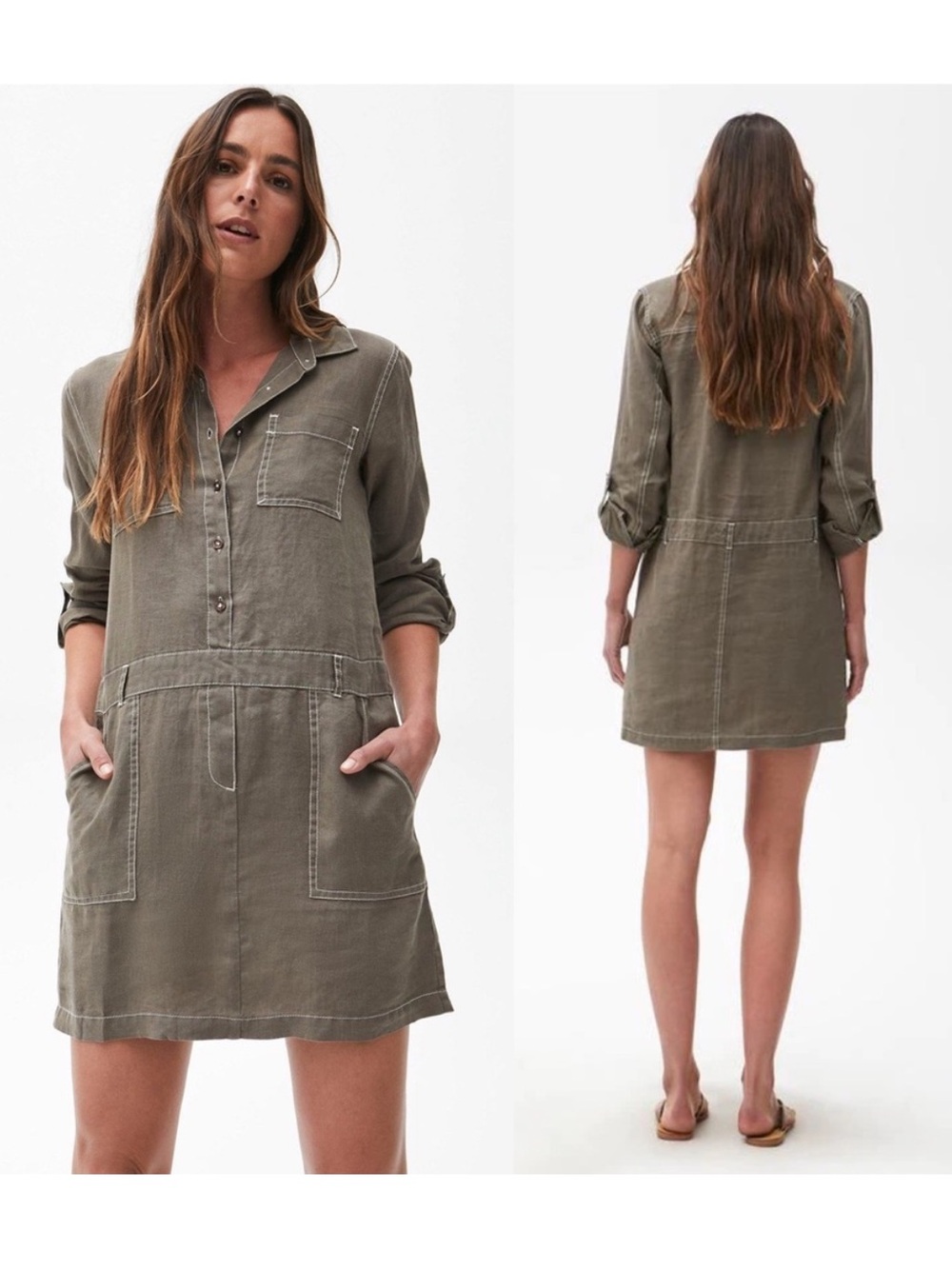 Michael Stars Pilar 100% Linen Shirt Dress in Camo Green